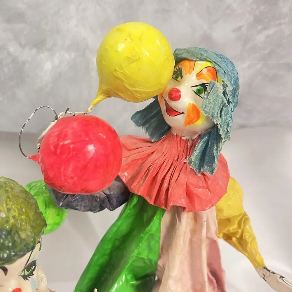 Lot Of 2 Vintage Hand Made Paper Mache Clowns Folk Art Mexico Beautiful EUC